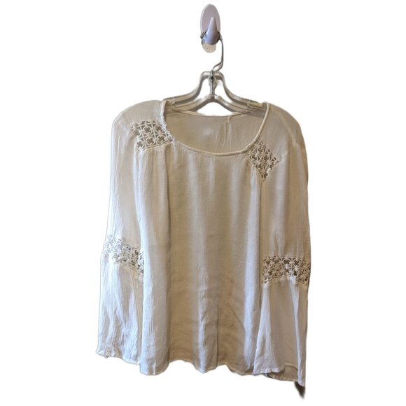 Womens White Sheer Boho Long Sleeve Top Lace Panel Summer Beach Sz L - Picture 4 of 6